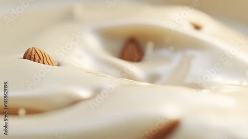 Close-Up of Almonds Dropped in Creamy Liquid in Slow Motion