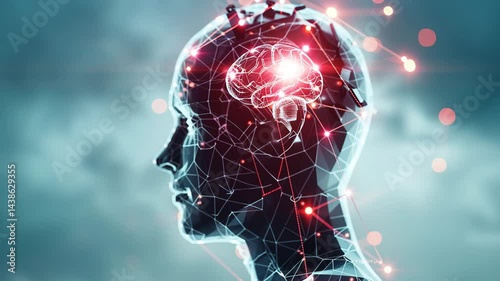 Human Head with Translucent Brain and Pulsating Energy Streams