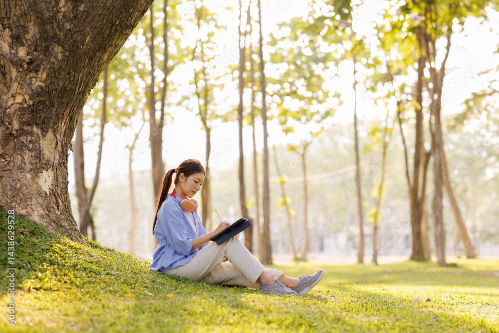 Immersed in her own world, a female student embraces self-learning and lets her imagination soar in the serene atmosphere.