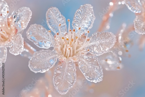 Delicate, frozen blossoms.  Close-up of ice-covered flowers