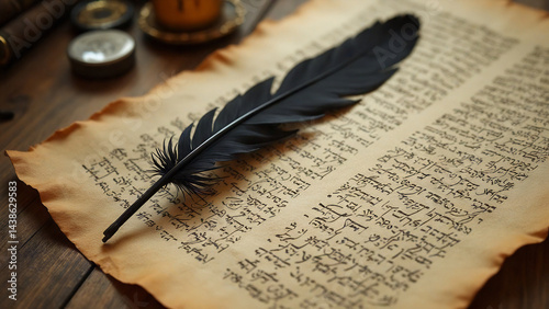 black feathered quill and parchment with ancient script written in gold ink

