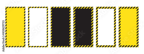 Set of vertical frames with warning tapes for safety signs. The striking yellow and black design is ideal for warning labels, construction notices and safety background images.