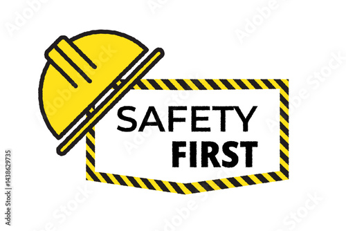 Safety first icon with caution sign and helmet. Construction vector for industrial protection, warning, and workplace security.