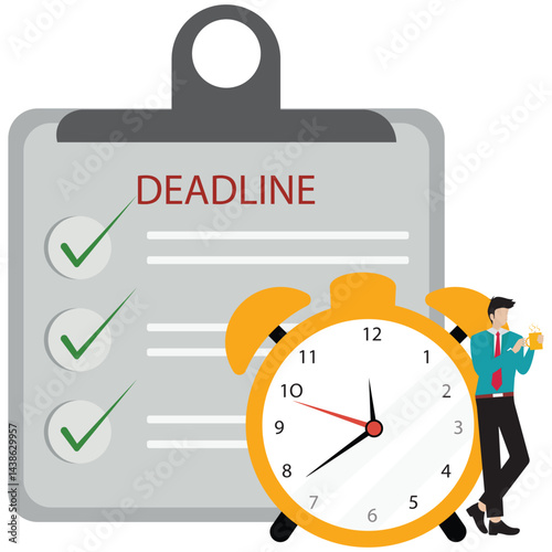 Flat illustration of businessman check deadline checklist with alarm clock and hourglass to do list time management effective business planning stock illustration