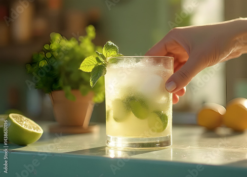 Refreshing lemon drink with ice and mint in tall glass