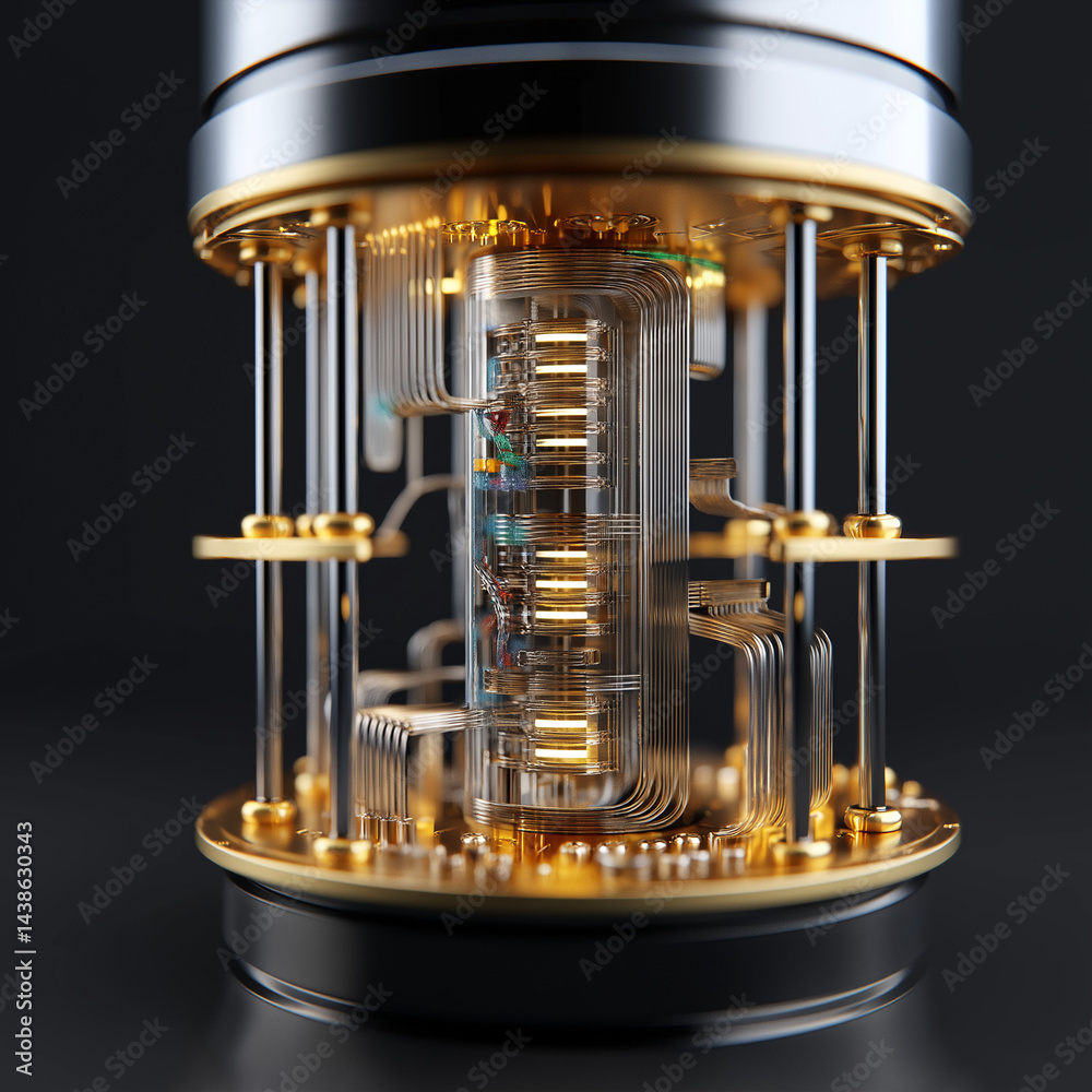 Quantenchip oder Prozessor mit goldenen Leiterstrukturen in transparentem Gehäuse