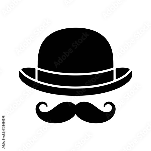 Silhouette of Elegance: A minimalist depiction of a classic bowler hat paired with a distinguished handlebar mustache, epitomizing timeless charm and refined style.