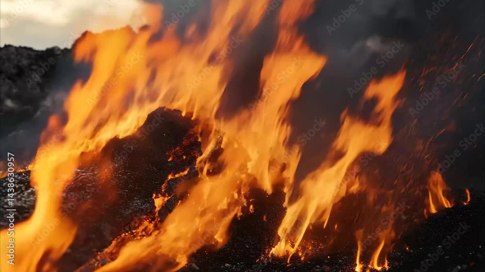 Intense largescale fire engulfing a remote landscape during twilight ...