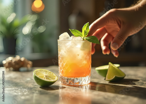 Refreshing lemon drink with ice and mint in tall glass
