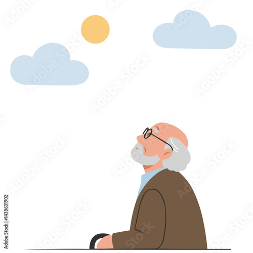 Elderly man looking at sky - thoughtful senior gentleman gazing at endless blue sky.