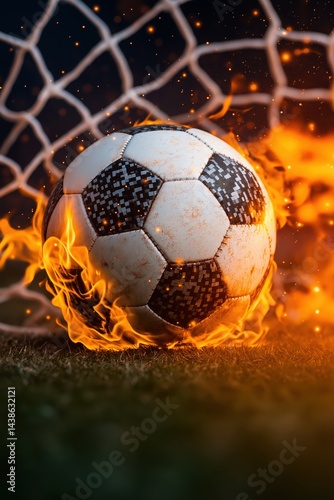 Fiery moment of victory as a blazing soccer ball strikes the net and ignites the goal in a thrilling sports match