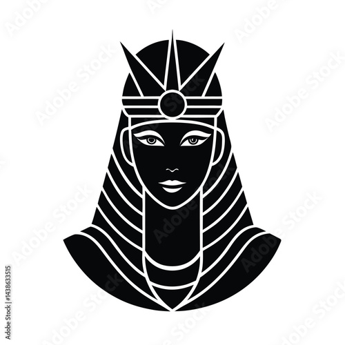 Stylized egyptian queen portrait in black and white graphic illustration with detailed headdress and geometric design