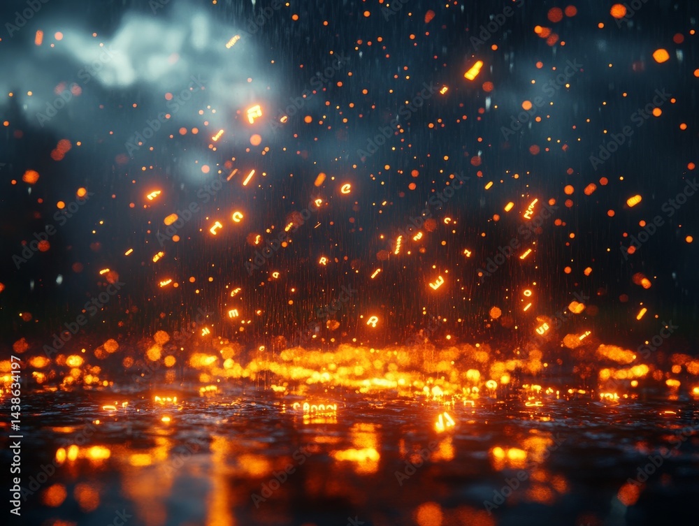 Obraz premium Code Rain: An Immersive Digital Downpour of Glowing Letters and Particles Reflecting on a Dark, Wet Surface Under a Stormy Sky