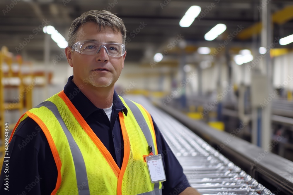 Focused production manager inspects assembly line operations in large manufacturing facility for efficiency and safety