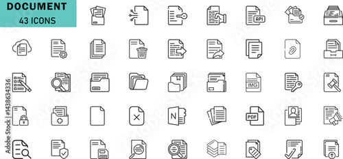 Document Icons Set. Editable Vector Line Icons, Office, File, Folder, PDF, Search, Signature, API