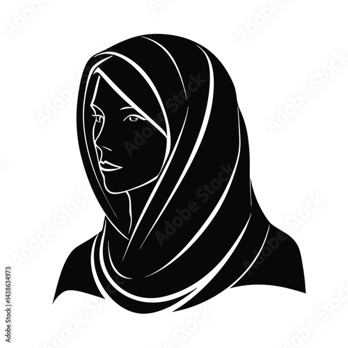 Elegant silhouette of woman in hijab islamic fashion black and white illustration