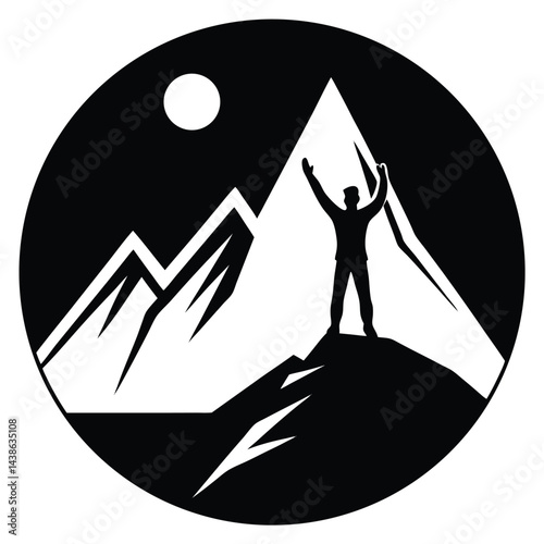 Silhouette Of A Man Reaching The Mountain Peak At Sunset