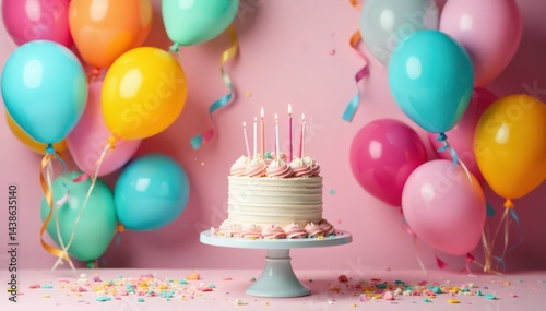 Colorful balloons and streamers with cake centerpiece , joyful, party, celebration