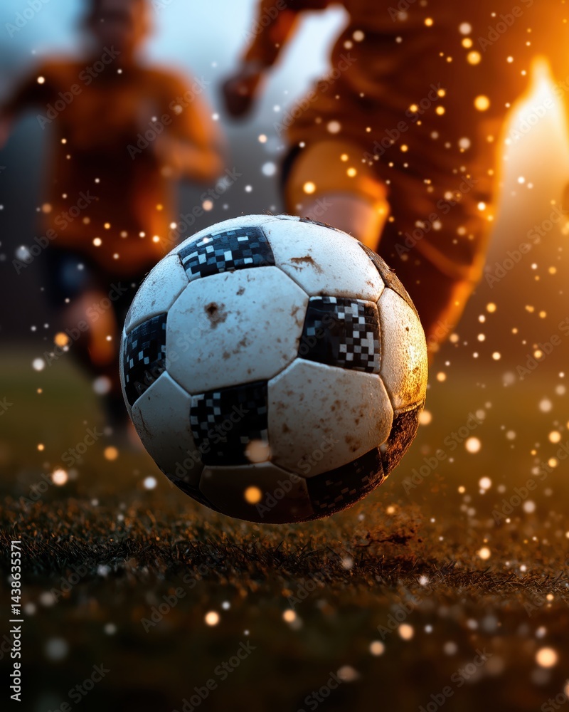 Naklejka premium Young soccer player sprints across the field and strikes the ball during an intense match at sunset