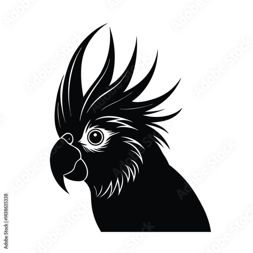 Elegant silhouette of a black palm cockatoo head profile view isolated on white background