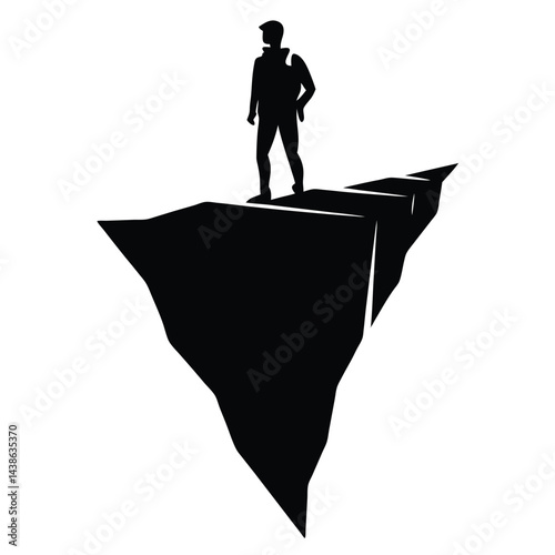 Solo Adventurer Standing On Narrow Cliff Edge Silhouette