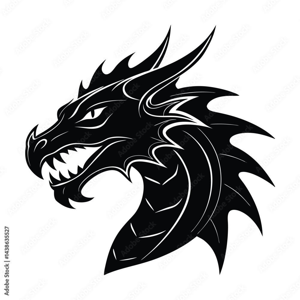 Obraz premium Silhouette vector art depicting a dragon head with sharp features in striking black and white