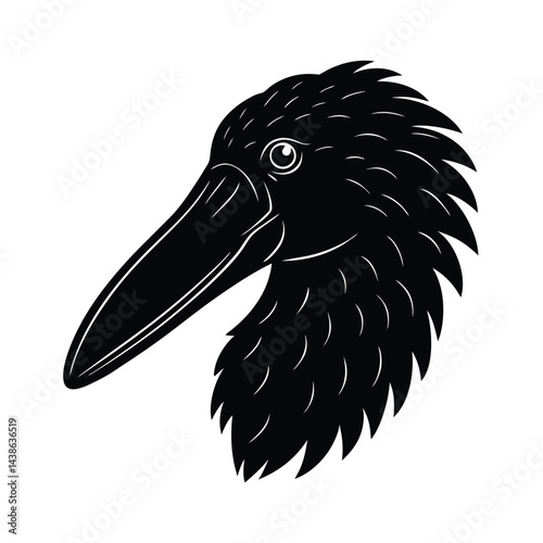 Silhouette of a bird head profile featuring a long beak in black and white vector illustration