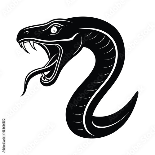 Black and white cobra snake with open mouth and fangs ready to strike illustration