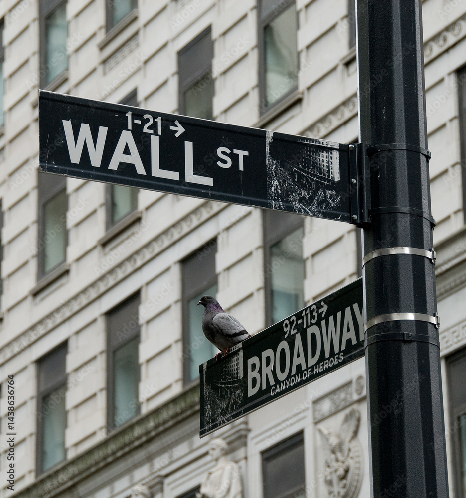 Obraz premium Street sign at the corner of Broadway and Wall Street in Manhattan, New York City.