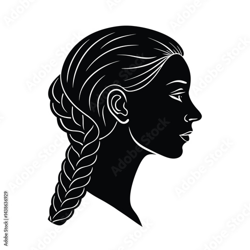 Woman profile silhouette with braided hair elegant minimalist style black and white vector illustration