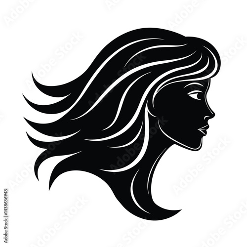Elegant woman profile silhouette with flowing hair on white background for beauty and fashion concepts