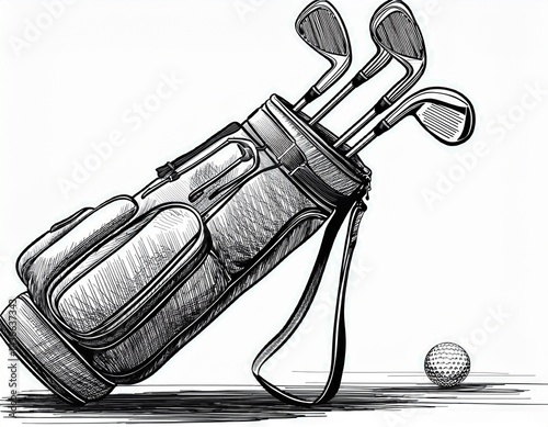bag with golf clubs hand on the golf ball bag with golf clubs in sketch style black and white hand drawn illustration