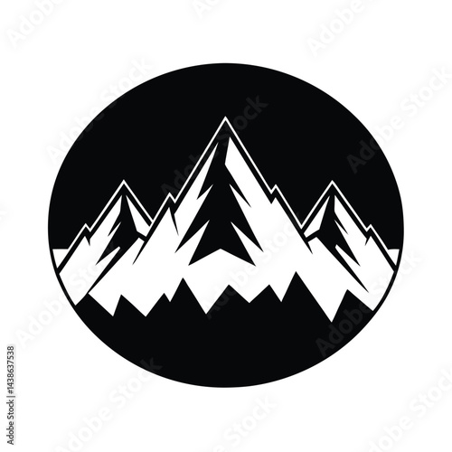 Mountain peaks silhouette in black circle design for outdoor adventure and nature enthusiasts