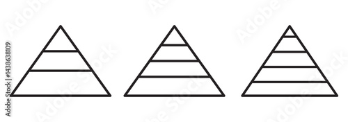 Levels of triangular pyramid. Triangle pyramid chart. Maslow layer diagram. Development level infographic. Business graph. Tree set of pyramid infographic icon. 