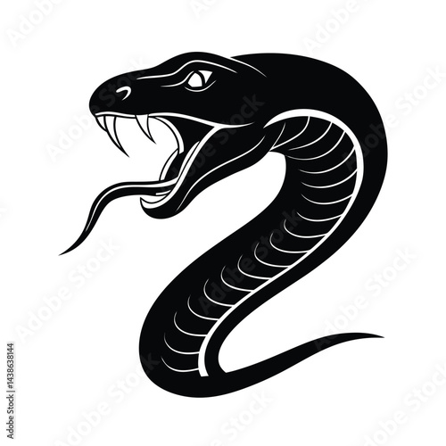 Striking black snake illustration ready to strike with open mouth and sharp fangs threatening design