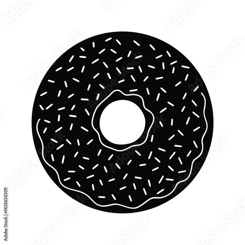 Minimalist black and white donut icon illustration with sprinkles and glaze detailing