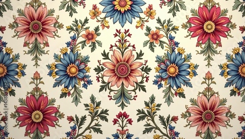 Intricate floral damask pattern in muted tones, scroll, royal, branch