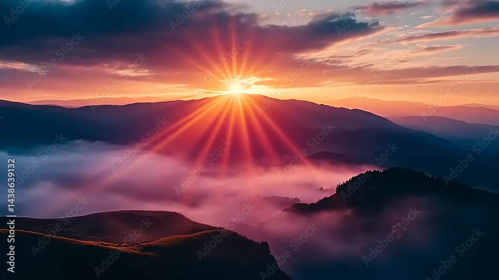 Sunrise over misty mountains with vibrant rays illuminating landscape Sunrise over misty mountains with vibrant rays illuminating landscape