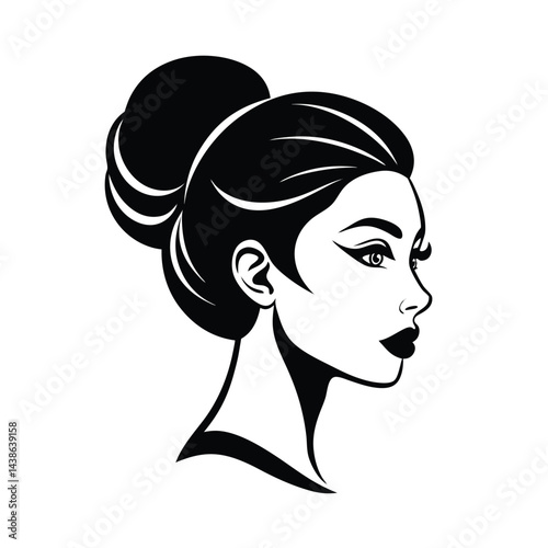 Elegant woman portrait silhouette with updo hairstyle beauty and fashion illustration in black and white