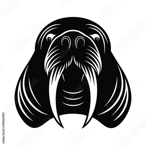 Vector illustration of a walrus head in black and white with detailed tusks and markings
