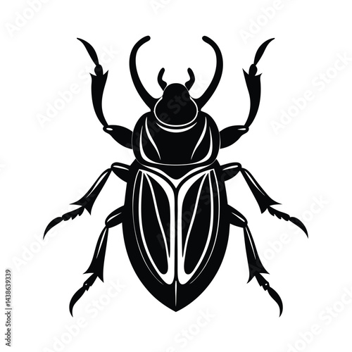 Black vector illustration of a stag beetle with prominent antlers and exoskeleton detail isolated