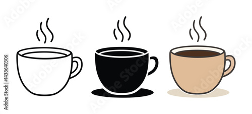 Three variations of a steaming coffee cup icon: outline, solid black, and beige fill.