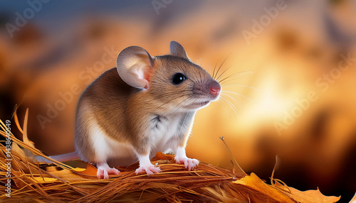 cute mouse sitting on a dry lea