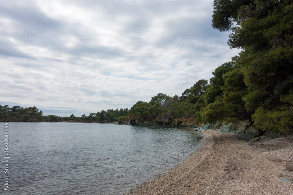 Beautiful scenery by the sea under a cloudy sky in Sithonia, Chalkidiki, Greece