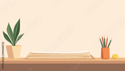Stack of recycled paper in minimalistic workspace, eco-friendliness
