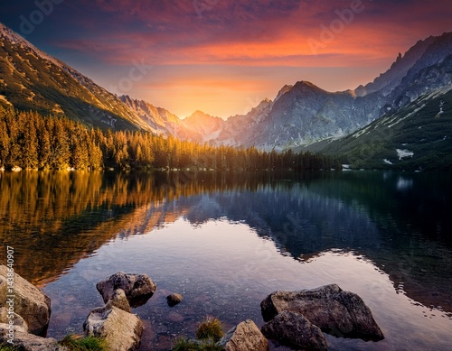 tatra national park a lake in the mountains at the dawn of the sun poland