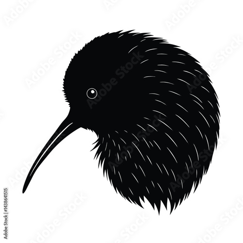 Silhouette of kiwi bird head showing unique beak and feather detail in black on white