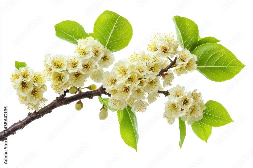 Fototapeta premium A blooming tree branch with bright green leaves, isolated on white background.