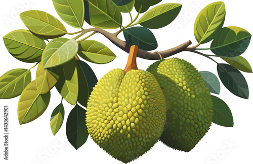 A watercolor illustration of a Jackfruit Tree (Artocarpus heterophyllus), with broad leaves and large fruit hanging from its branches, isolated on white Background.