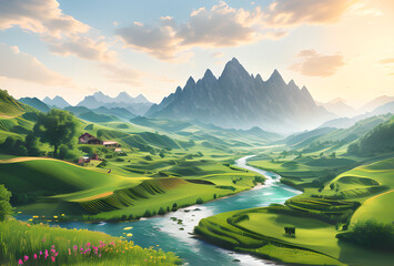 Rideaux Beige mountain landscape with lake and mountains incredible landscape  © LIUBOMYR